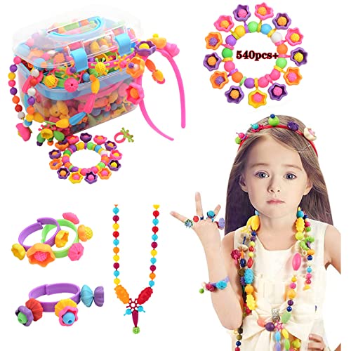 Pop Beads Set - 540+ PCS Snap Together Beads for Girls Toddlers Creative DIY Jewelry Set Toys-Making Necklace, Bracelet, Hairband and Ring - Ideal Gift Idea for Christmas & Birthday (Box Packaging)