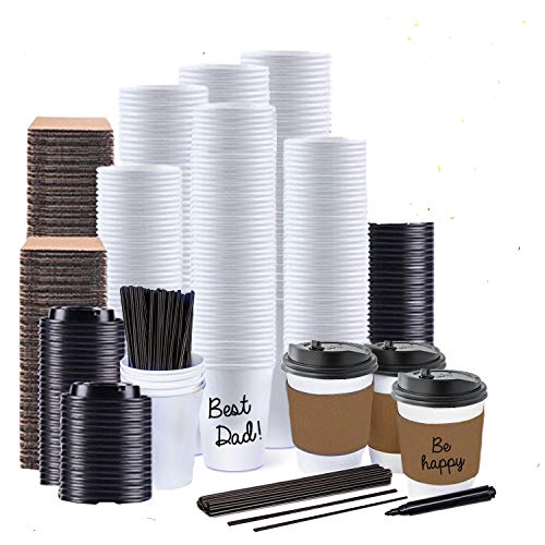 Book Cover JUMBO VALUE SET of 130 Coffee Disposable Paper Hot Cups with Travel Leak Proof Lids, Heat Resistant Sleeves and Stirrers -12OZ WHITE PREMIUM quality THE BEST VALUE on Amazon