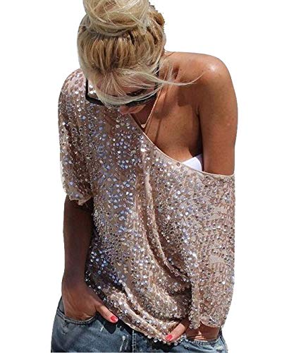 YOLI Women's Off Shoulder Sequin Glitter Sparkle Party Top Blouse Shirt Plus Size with Sleeve