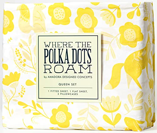 Book Cover Where The Polka Dots Roam Yellow Folktale Queen Size 4 Pieces Bedding Set, Super Soft Bedding, 1 Fitted Sheet, 1 Flat Sheet, 2 Pillowcases, Bedsheets for Kids, Boys, Girls, Folk Tale Bedding
