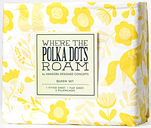 Where The Polka Dots Roam Yellow Folktale Queen Size 4 Pieces Bedding Set, Super Soft Bedding, 1 Fitted Sheet, 1 Flat Sheet, 2 Pillowcases, Bedsheets for Kids, Boys, Girls, Folk Tale Bedding