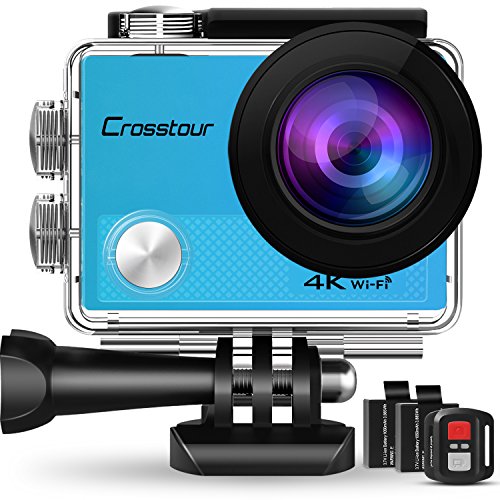 Crosstour Action Camera 4K WiFi Underwater Cam 16MP Sports Camera with Remote Control 170°Wide-Angle 2 Inch LCD Plus 2 Rechargeable 1050mAh Batteries and Mounting Accessories Kit (Blue)