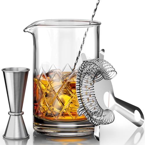 MOFADO Crystal Cocktail Mixing Glass Set - 5 Piece - 18oz 550ml Thick Bottom Crystal Mixing Glass, Spoon, Jigger, Strainer & Muddler - Professional Quality - Makes a Great GiftÂ 