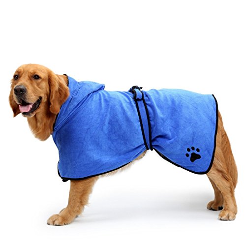 BONAWEN Dog Bathrobe Soft Super Absorbent Luxuriously 100% Microfiber Dog Drying Towel Robe with Hood/Belt for Extra Large,Large,Medium,Small Dogs (Blue,L)