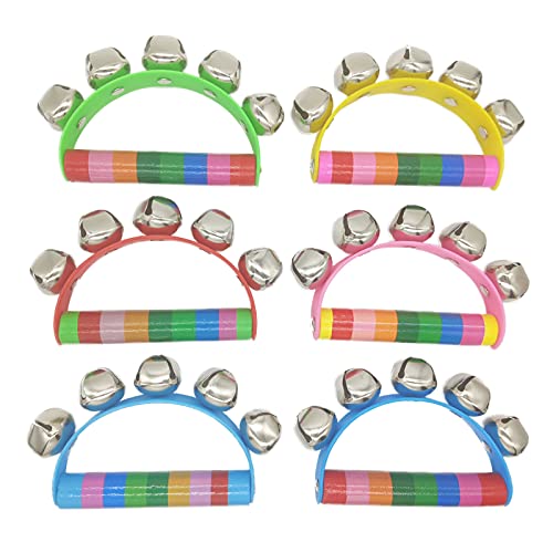 Book Cover 6 Pcs Vivid Color Rainbow Handle Wooden Bells Jingle Stick Shaker Rattle Baby Kids Children Musical Toys