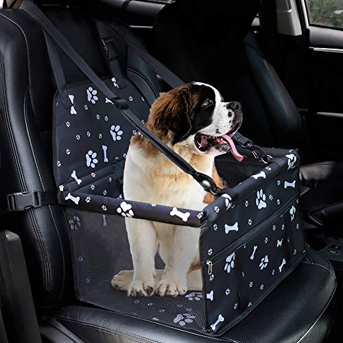 Book Cover Hippih Collapsible Pet Booster Car Seat - 2 Support Bars, Portable Small Dog Cat Car Carrier with Safety Leash and Zipper Storage Pocket (Black with paw Prints)