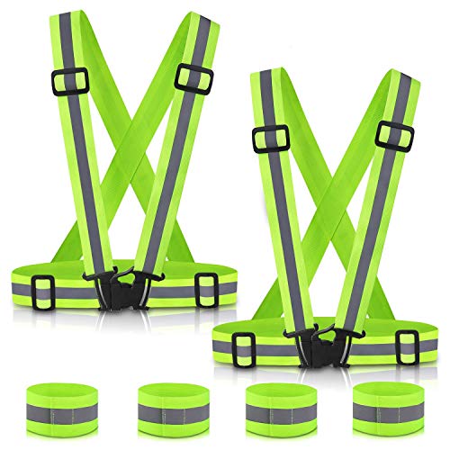 SAWNZC Reflective Vest Night Running Gear 2Pack, Adjustable Safety Vest Outdoor Reflective Belt High Visibility with 4 Reflective Wristbands Straps for Night Cycling Motorcycle Dog Walking Jogging
