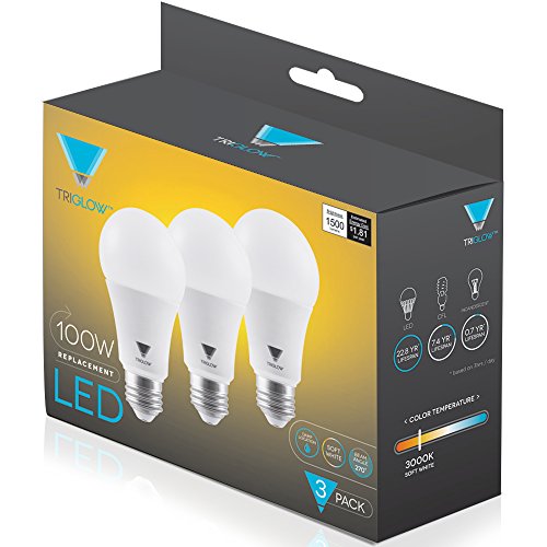 TriGlow LED Light Bulbs 100 Watt Equivalent A19 LED Bulbs 3000K (Soft White) 1500 Lumens, E26 Base UL Listed, Led Light Bulbs 3-Pack