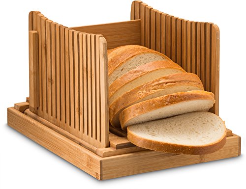 Bambusi Bread Slicer Cutting Guide - Bamboo Bread Cutter for Homemade Bread, Loaf Cakes, Bagels | Foldable and Compact with Crumbs Tray | Works Great with 10" Inch Knife