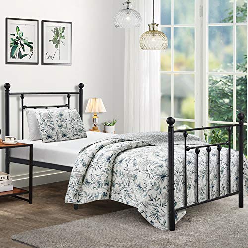 Book Cover Twin Size Bed Frame, VECELO Metal Platform Mattress Foundation / Box Spring Replacement with Headboard Victorian Style
