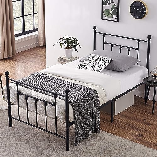Twin Size Bed Frame, VECELO Metal Platform Mattress Foundation / Box Spring Replacement with Headboard Victorian Style