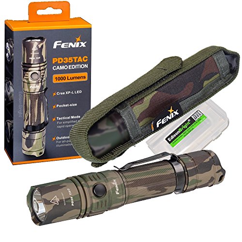 EdisonBright Fenix PD35 TAC 1000 Lumen CREE XP-L LED Tactical Flashlight BBX3 Battery Carry case Bundle (Camo)