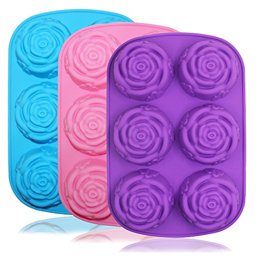 SENHAI Large Rose Flower Silicone Tray for Cake Bread Pudding Chocolate Muffin Soap, 6-Cavity 3D Ice Cube Handmade Molds- Purple & Blue & Pink