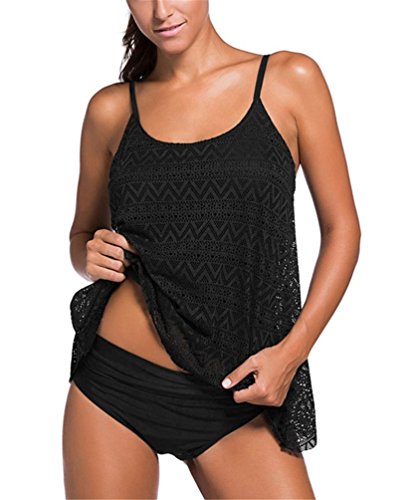 Nicetage Women's Layered Lace Mesh Swimsuit Solid Ruched Bikini Set Tankini Bathing Suit