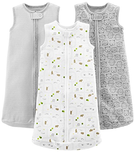 Simple Joys by Carter's Unisex Babies' Cotton Sleeveless Sleepbag Wearable Blanket, Pack of 3, Grey/Green/White, Stripe/Animal, 0-3 Months