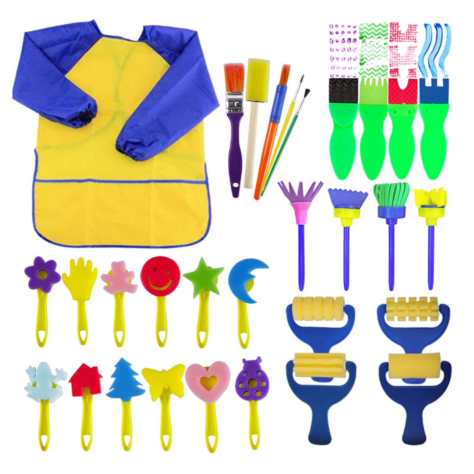 Book Cover EVNEED Paint Sponges for Kids,29 pcs of Fun Paint Brushes for Toddlers.Coming with Sponge Brush, Flower Pattern Brush, Brush Set, Long Sleeve Waterproof Apron with 3 Roomy Pockets