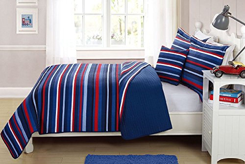 Elegant Home Decor Multicolor Light & Dark Blue Red White Striped Design Fun Colorful Quilt Bedspread Bedding Set with Decorative Pillow for Kids/Boys # Ocean (Full Size)