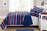 Elegant Homes Decor Multicolor Light & Dark Blue Red White Striped Design Fun Colorful Quilt Bedspread Bedding Set with Decorative Pillow for Kids/Boys # Ocean (Full Size)