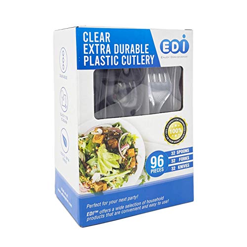 EDI Plastic Cutlery Set (Clear) - 32 Forks, 32 Knives, 32 Spoons