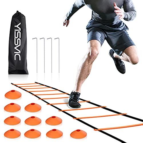 YISSVIC Agility Ladder and Cones 20 Feet 12 Adjustable Rungs Fitness Speed Training Equipment,1 Carry Bags, 10 Cones, 4 Stakes, Basketball, Soccer (20 feet Orange)