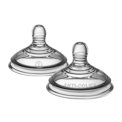 Tommee Tippee Advanced Anti-Colic Baby Bottle Nipples, Slow Flow, 0m+, Pack of 2 Soft Silicone Breast-Like Bottle Nipples for Natural Latch
