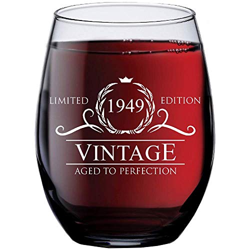 1949 70th Birthday Gifts for Women and Men Wine Glass | Funny Vintage 70 Year Old Presents | Best Anniversary Gift Ideas Him Her Husband Wife Mom Dad | 15 oz Stemless Glasses | Party Decorations Wines