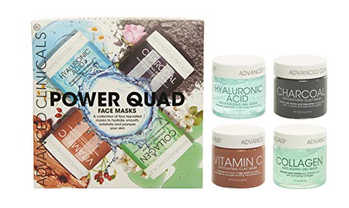 Book Cover Advanced Clinicals Power Quad Face Masks Charcoal Mask, Vitamin C Mask, Collagen Mask, Hyaluronic Mask. 2oz each. Great gift set!