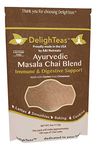 DelighTeas Organic Masala Chai Powder for Chai Tea Latte | Digestion and Immune Support | Caffeine free, Sugar Free, Non-GMO, Vegan, Keto, Ayurvedic | Made with Ceylon Cinnamon | 4oz, 100 Servings