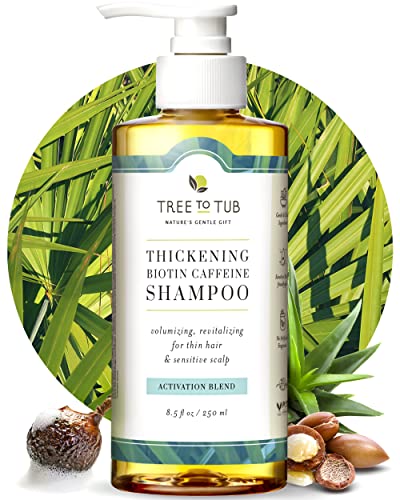 Tree To Tub Biotin Fine Hair Thickening Shampoo for Thicker, Fuller Volume - Gentle Volumizing Sulfate Free Argan Oil Shampoo for Women & Men w/Caffeine, Organic Saw Palmetto, All Natural Tea Tree