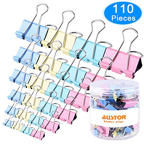 AUSTOR 110 Pcs Colored Binder Clips Paper Clamp Clips Assorted 6 Sizes
