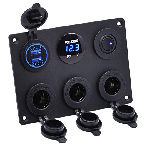 Cllena Dual USB Socket Charger 2.1A&2.1A + LED Voltmeter + 3-Socket 12V Cigarette Lighter Power Outlet Adapter + ON-Off Toggle Switch Multi-Functions Panel for Car Marine Boat Rv Truck Mobiles (Blue)