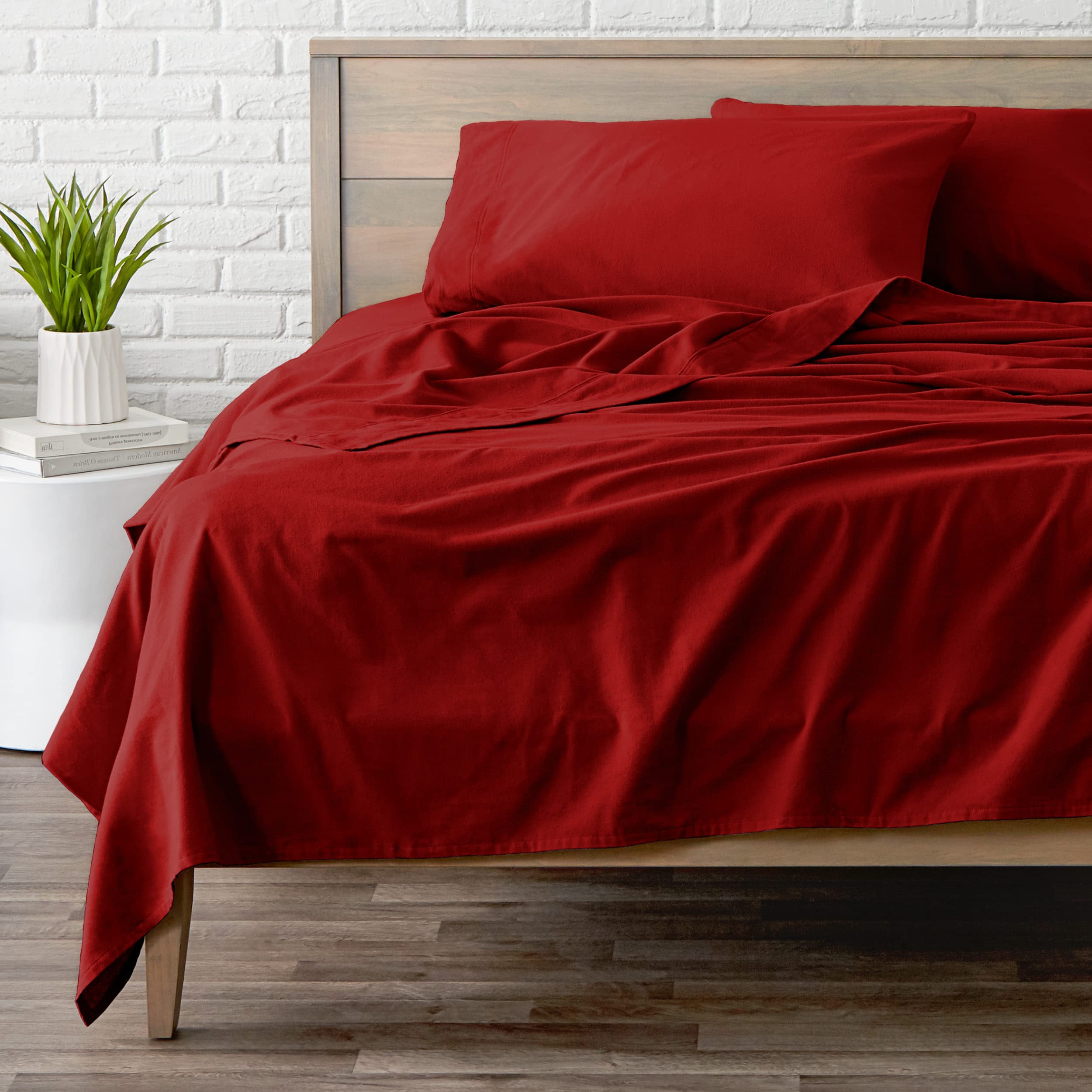 Bare Home Flannel Sheet Set 100% Cotton, Velvety Soft Heavyweight - Double Brushed Flannel - Deep Pocket (Queen, Red) Queen 13 - Red