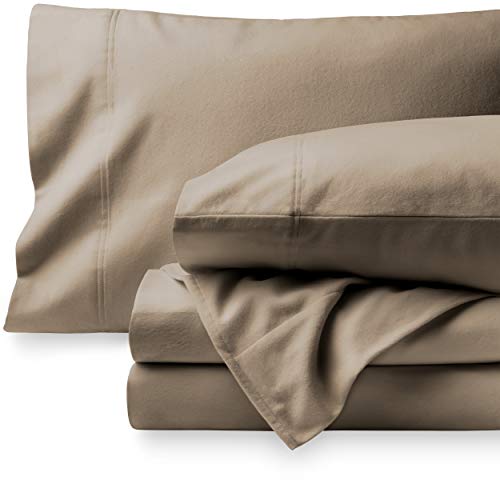 Bare Home Flannel Sheet Set 100% Cotton, Velvety Soft Heavyweight - Double Brushed Flannel - Deep Pocket (Split King, Taupe)