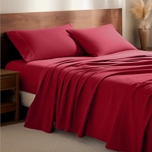 Bare Home Flannel Sheet Set 100% Cotton, Velvety Soft Heavyweight - Double Brushed Flannel - Deep Pocket (Split King, Red) Split King Size 13 - Red