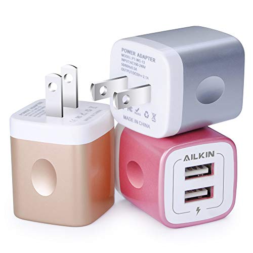 USB Charging Box, Charger Adapter, AILKIN 3-Pack 2.1Amp Dual Port Fast Charge Plug Cube Base Replacement for iPhone X/8/7/6S/6S Plus/6, Samsung Galaxy S7/S6/S5 Edge, LG, HTC, Huawei, Moto, Kindle