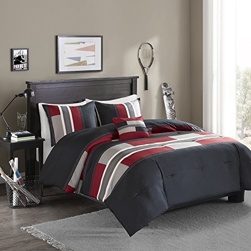 Comfort Spaces All Season Cozy Comforter Set, Modern Casual Bedding Set, Active Lifestyle Boys Bedroom DÃ©cor, Pierre Black Red Stripe, Queen, 4 Piece