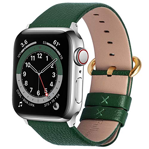 Fullmosa Compatible Apple Watch Band 42mm 44mm 40mm 38mm Leather Compatible iWatch Band/Strap Compatible Apple Watch SE & Series 6 5 4 3 2 1, 42mm 44mm Dark Green + Golden Buckle