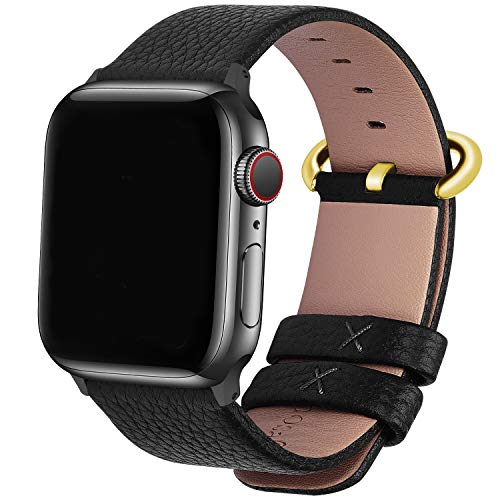Book Cover Fullmosa 15 Colors Leather Apple Watch Strap 38mm 40mm 42mm 44mm Compatible with Apple Watch Series SE/6/5/4/3/2/1, 42mm 44mm Black-Black-Golden Buckle