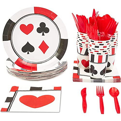 Casino Party Bundle, Includes Plates, Napkins, Cups, and Cutlery (24 Guests,144 Pieces)