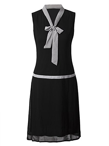 VIJIV Womens 1920s Midi Flapper Dress V Neck Grey Bow Roaring 20s Great Gatsby Dress