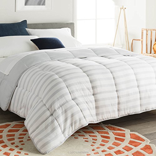 Book Cover Linenspa All-Season Reversible Down Alternative Quilted Comforter - Hypoallergenic - Plush Microfiber Fill - Machine Washable - Duvet Insert or Stand-Alone Comforter - Grey/White Stripe - King