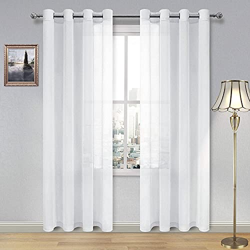 Book Cover DWCN White Sheer Curtains Linen Look Semi Transparent Voile Grommet White Curtains for Living Dining Room Drapes 52 x 84 Inch Long, Set of 2 Panels