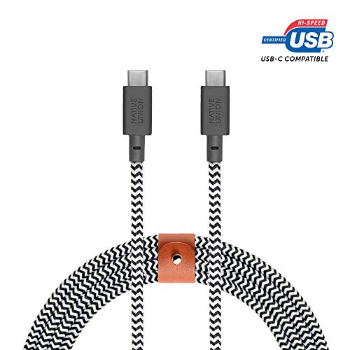Native Union Belt Cable USB-C to USB-C - 8ft Ultra-Strong Cable with Leather Strap Compatible with Samsung Galaxy Z Fold 2, S21, S21+, S21 Ultra, Note 20, Google Pixel 5 (Zebra)