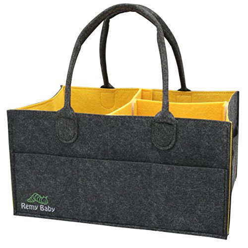 Baby Diaper Caddy Organizer- Remy Baby - Bag for Boy and Girl | Portable and Compact for Travel | Cute and Washable Infant Caddie | Great for Nursery Storage Basket Bins | Grey and Yellow Bag