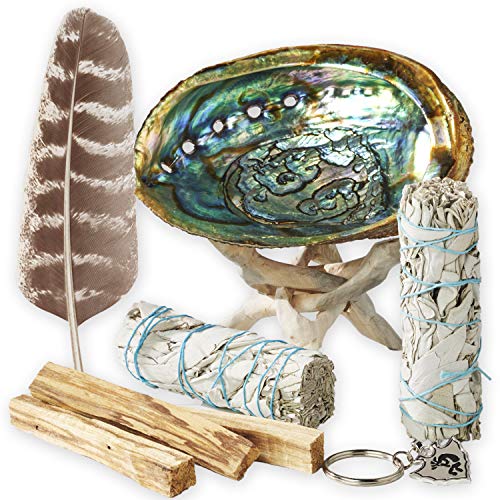 Smudge Kit - White Sage, Palo Santo, Abalone Shell, Smudging Feather, Kokopelli Keychain! Healing, Purifying, Meditating & Incense (Essentials Plus)