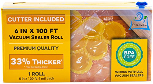 6" x 100' Mega Roll & Cutter Box Vacuum Sealer Bags Roll (No More Scissors) 4 mil 100 Foot OutOfAir Foodsaver, Weston, Seal-A-Meal. 33% Thicker, BPA Free, FDA Approved, Sous Vide, Commercial Grade