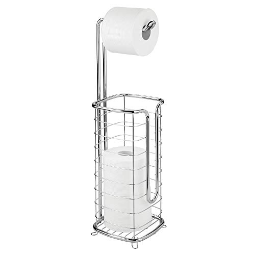 Book Cover mDesign Free Standing Toilet Paper Holder Stand and Dispenser, with Storage for 3 Spare Rolls of Toilet Tissue While Dispensing 1 Roll - for Bathrooms/Powder Rooms - Holds Mega Rolls - Chrome