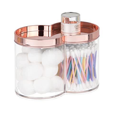 Book Cover mDesign Plastic Bathroom Vanity Countertop Canister Jar with Storage Lid - Stackable - Divided, Double Compartment Organizer for Cotton Balls, Swabs, Makeup Blenders, Bath Salts - Clear/Rose Gold