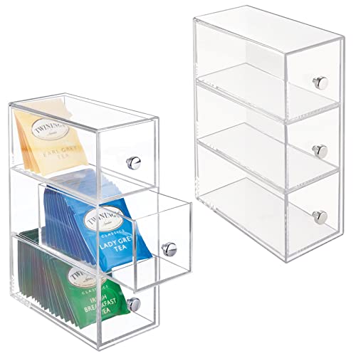 mDesign Plastic Kitchen Pantry Stackable Container, Cabinet, Countertop Organizer Storage Station with 3 Drawers for Coffee, Tea Bag, Sugar Packets, Creamers, Drink Pods, Packets - 2 Pack - Clear