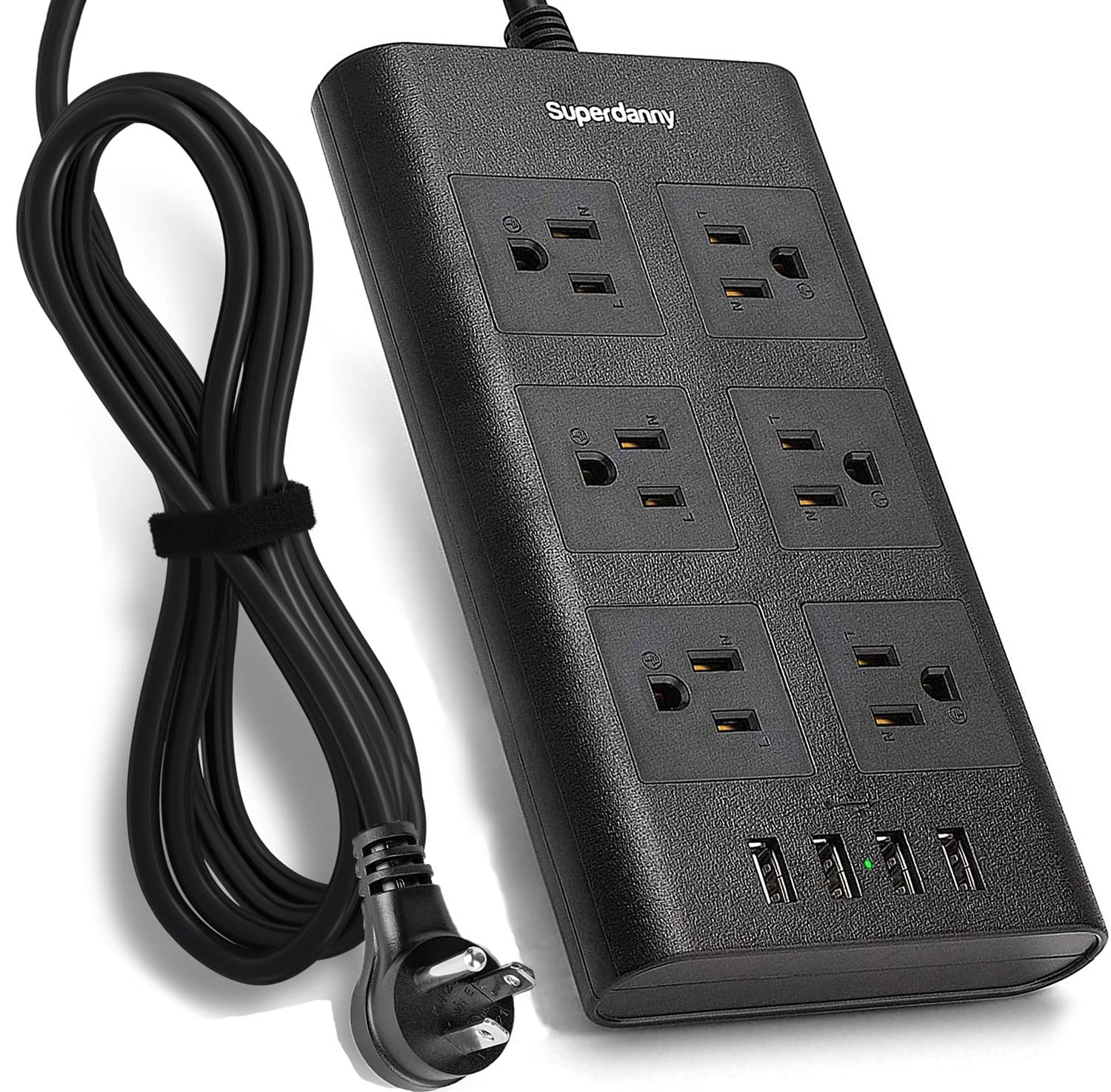 Power Strip Surge Protector, SUPERDANNY Flat Plug 10 Ft Extension Cord with 6 Outlets and 4 USB Ports (1875W/15A), Universal Voltage 110-240V for iPhone iPad Desktop Kitchen Home Office Dorm Black